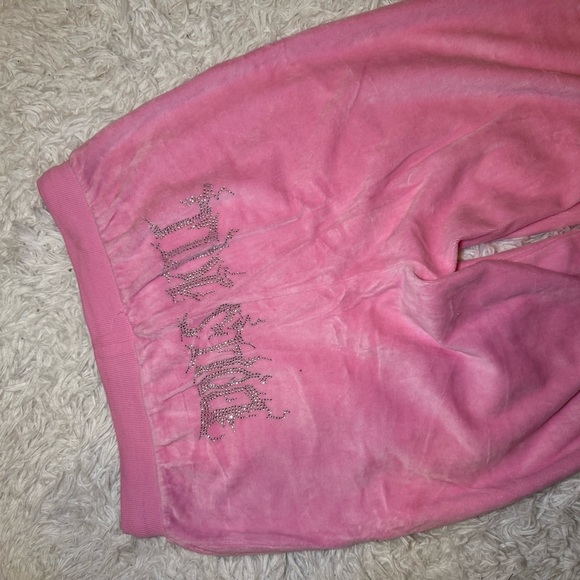 Dolls Kill Pink Velour Sweatpants with Silver Rhinestone Smiley Face - Picture 12 of 12